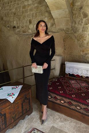 Lina Siyah Kruvaze Yaka Elbise