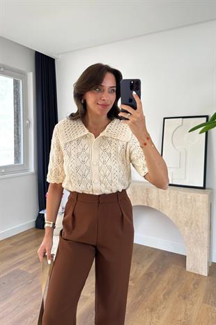 Natisa Taş Polo Yaka Ajurlu Triko Hırka