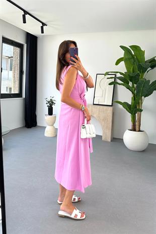 Fenty Pembe V Yaka Kuşaklı Elbise