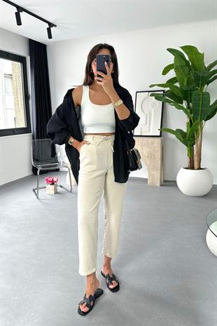 Taş Beli Bağlamalı Keten Pantolon