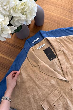 Omof Saks Mavisi Cep Ve Düğmeli Gömlek