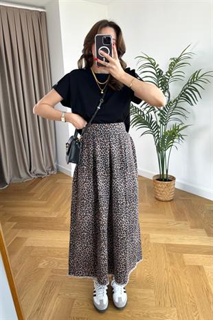 Leopar Desenli Denim Etek