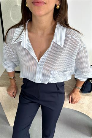 Polly Mavi Çizgili Cep Detaylı Transparan Dökümlü Gömlek