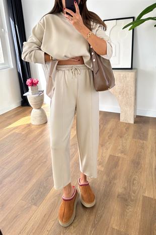 Sevsan Bej Garnili Modal Sweatshirt Pantolon Takım