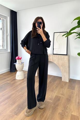 Mersale Siyah Beli Bağlamalı Modal Sweat Pantolon Takım