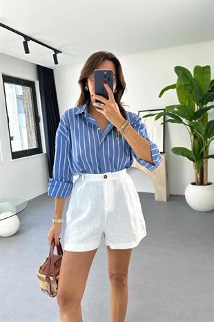 Blura Mavi Beyaz Çizgili Dökümlü Gömlek