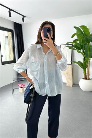 Polly Mavi Çizgili Cep Detaylı Transparan Dökümlü Gömlek