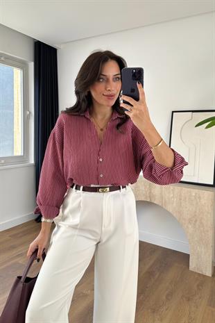 Drones Bordo Beyaz Çizgili Gömlek