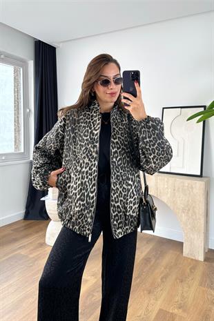 Bonale Leopar Desenli Dolgulu Kapitone Ceket