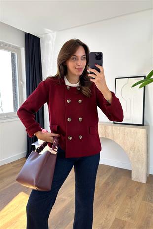 Lara Bordo Düğme Detaylı Triko Hırka