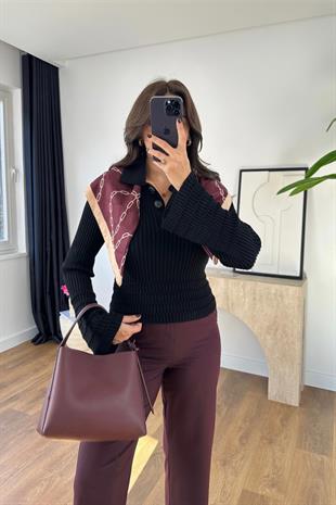 Belena Siyah Düğmeli Kol Detay Triko