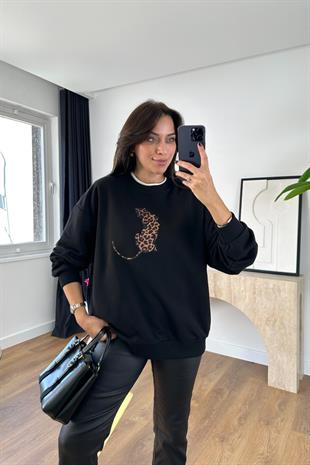 Mano Siyah Leopar Figürlü Sweatshirt