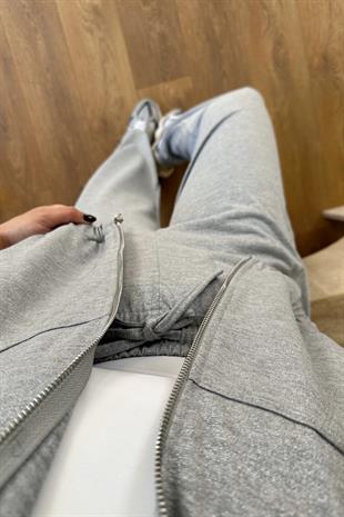 Bolse Gri Işıltılı Beli Bağlamalı Sweat Pantolon Takım