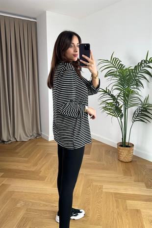 Siyah Beyaz Çizgili Bisiklet Yaka Sweatshirt