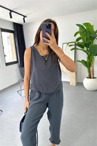 Mona Antrasit Beli Bağlamalı Bluz Pantolon Takım