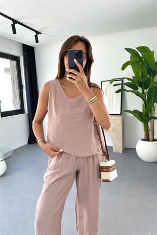 Mona Gül Kurusu Beli Bağlamalı Bluz Pantolon Takım