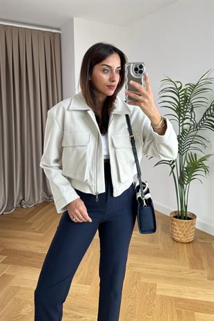 Ekru Torba Cep Detaylı Kaşe Bomber