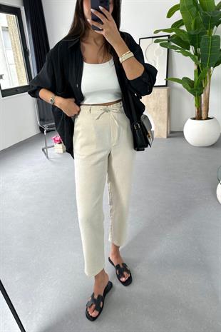 Taş Beli Bağlamalı Keten Pantolon