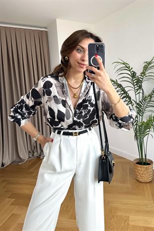 Kahve Siyah Desenli Saten Gömlek