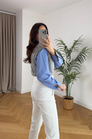 Lily Çizgili Gömlek Detaylı Gri Süveter