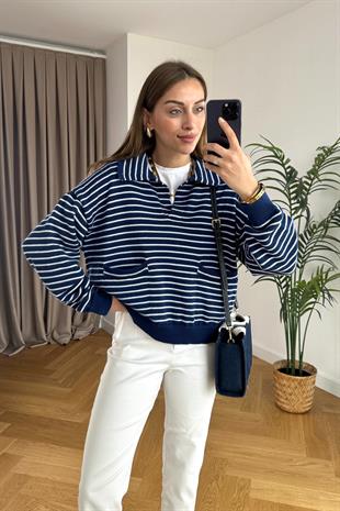 Navy Lacivert Beyaz Çizgili Polo Yaka Triko