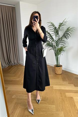 Siyah Bel Detaylı Maxi Elbise