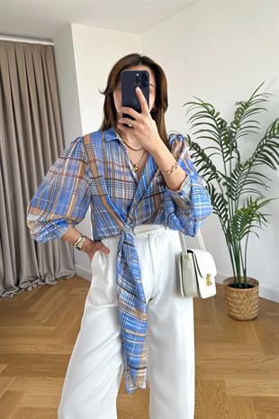 Perex Mavi Kahve Desenli Kruvaze Gömlek