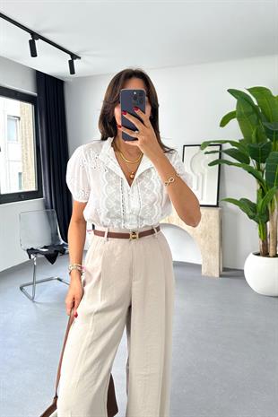 Lena Beyaz Dantel Detaylı Kısa Kollu Gömlek Bluz