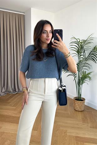Uly İndigo Bisiklet Yaka Ajurlu Triko