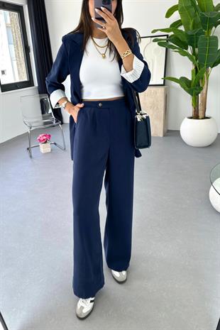 Dosy Lacivert Blazer Ceket Palazzo Pantolon Takım