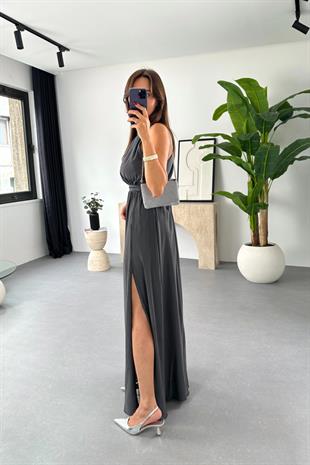 Shela Füme Halter Yaka Yırtmaç Detaylı Elbise