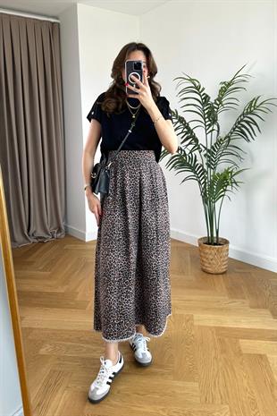 Leopar Desenli Denim Etek