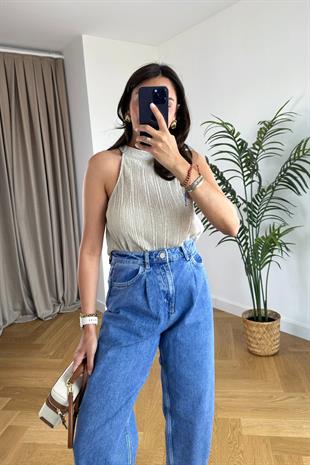 Reas Bej Halter Yaka Bluz