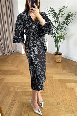 Elissa Acı Kahve Desenli Kruvaze Elbise
