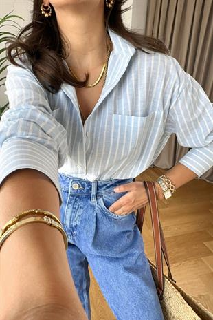 ZR Mavi Çizgili Keten Gömlek