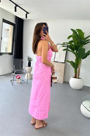 Loves Pembe Halter Yaka Gabardin Elbise