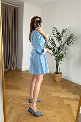 Trexx Mavi Düğme Detaylı Denim Elbise