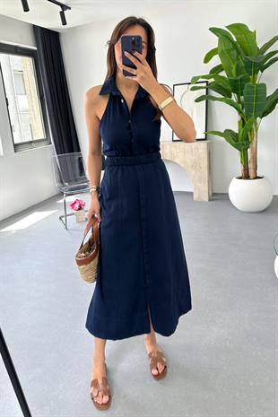 Loves Lacivert Halter Yaka Gabardin Elbise