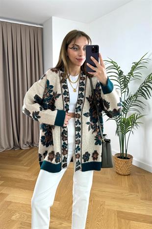 Wensy Ekru Çiçek Detaylı Hırka