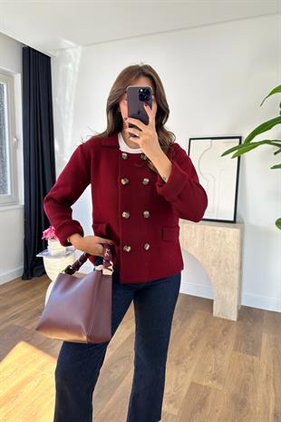 Lara Bordo Düğme Detaylı Triko Hırka