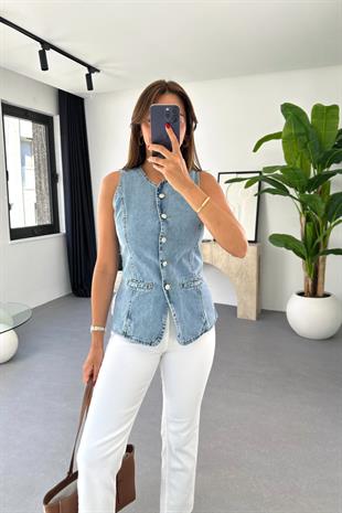 Kotes Mavi Kolsuz Denim Yelek