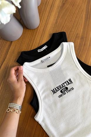 Manhattan Baskılı Beyaz Halter Yaka Atlet