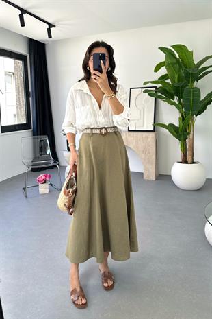 Lole Kemerli Olive Keten Maxi Etek