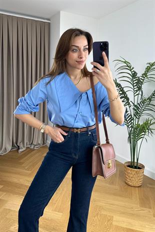 Calles Mavi Omuz Detaylı Tasarım Gömlek