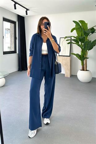 Regina Lacivert Beli Lastikli Gömlek Pantolon Takım