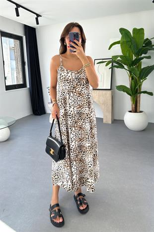 Menosa Leopar Desenli İnce Askılı Elbise