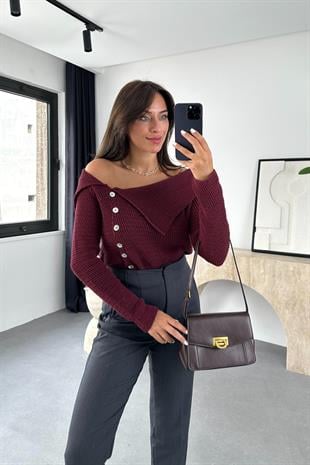 Ploi Bordo Düğme Detaylı Triko Hırka