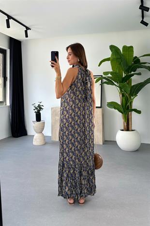 Selery Siyah Camel Desenli Halter Yaka Elbise