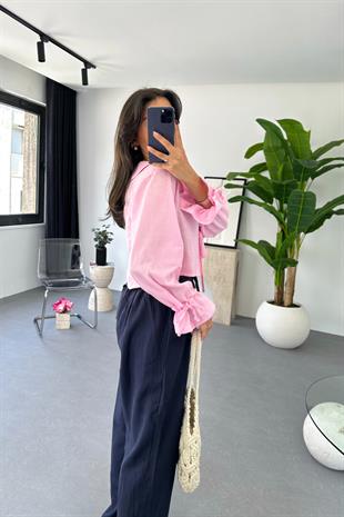 Enika Pembe Keten Önü Bağlamalı Bluz