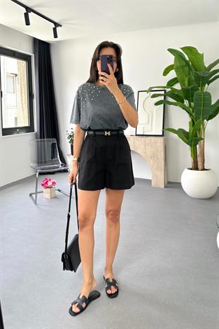 Lonse Siyah Keten Şort